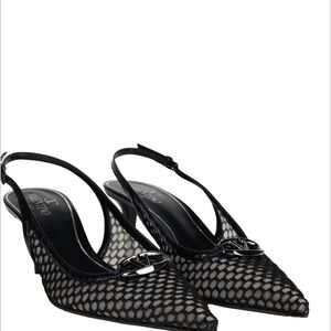 Valentino Black Mesh Pointed-Toe Slingback Heels with Silver Logo Accent